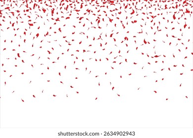 Many Falling Red Tiny Confetti, Vector template for your holiday, party, festival or birthday, Christmas, Valentines day red confetti on transparent background. Falling shiny confetti glitters. 