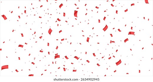 Many Falling Red Tiny Confetti, Vector template for your holiday, party, festival or birthday, Christmas, Valentines day red confetti on transparent background. Falling shiny confetti glitters. 