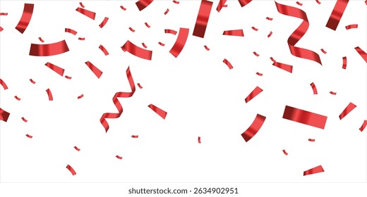 Many Falling Red Tiny Confetti, Vector template for your holiday, party, festival or birthday, Christmas, Valentines day red confetti on transparent background. Falling shiny confetti glitters. 