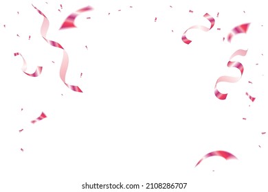 Many Falling Shiny Pink Tiny Confetti And Streaming Ribbon Isolated On Background. Valentine's Day Banner. Vector
