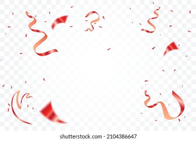 Many Falling Shiny Red Tiny Confetti And Streaming Ribbon Isolated On Transparent Background. Valentine's Day Banner. Vector