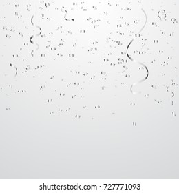 Many Falling Silver Confetti and ribbon On White Background. Celebration & Party. Vector