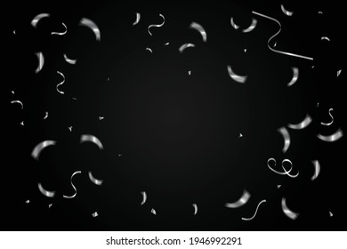 Many Falling Silver Tiny Confetti On Black Background. Celebration Event and Party. Vector