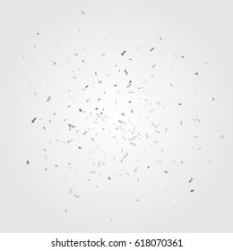 Many Falling Silver Tiny Confetti Isolated On Gray Background. Vector