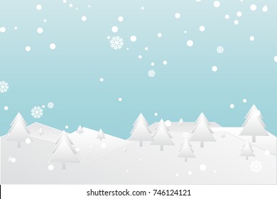 Many Falling Snowflake And Christmas Tree banner background. Celebration & Festive. Vector