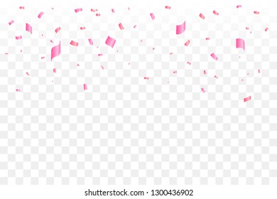 Many Falling Sweet Red And Pink Confetti On Transparent Background. Valentines & Wedding Backdrop. Vector