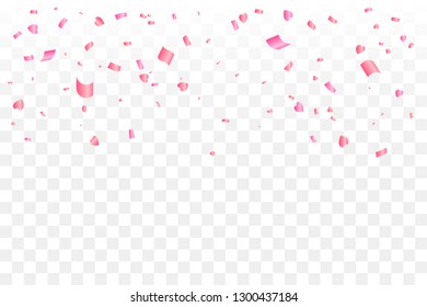 Many Falling Sweet Red And Pink Confetti With Heart On Transparent Background. Valentines & Wedding Backdrop. Vector