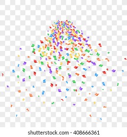 Many falling tiny colorful and bright confetti isolated on transparent background. Confetti explosion. 