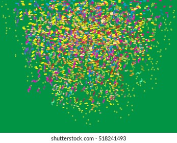 Many falling tiny colorful and bright confetti isolated on green background. Confetti explosion.