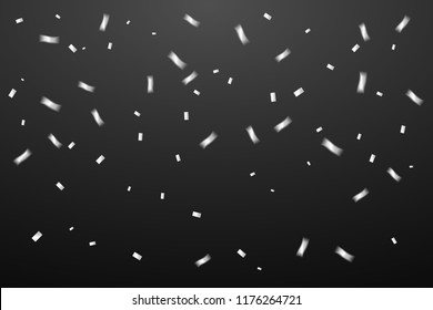 Many Falling White Tiny Confetti isolated On Black Background. Celebration Event and Party. Multicolored. Vector