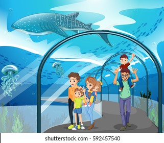 Many families visiting aquarium illustration