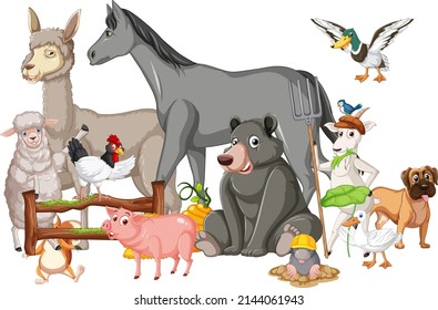Many farm animals by the fence illustration