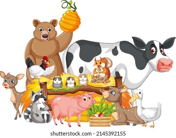 Many farm animals by the fence illustration