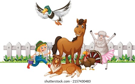 Many farm animals and farmer illustration