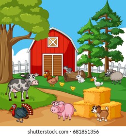 Many farm animals in the farmyard illustration