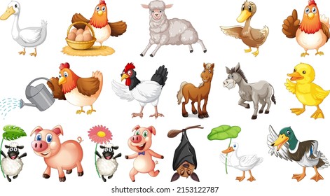 Many farm animals with happy face illustration