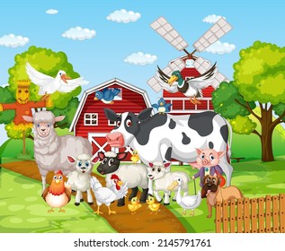 Many farm animals in the farm illustration