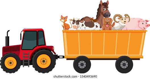 Many farm animals on the tractor illustration