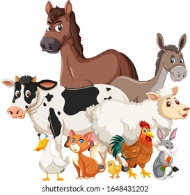 Many farm animals on white background illustration