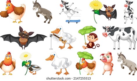 Many farm animals on white background illustration