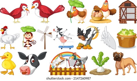 Many farm animals on white background illustration