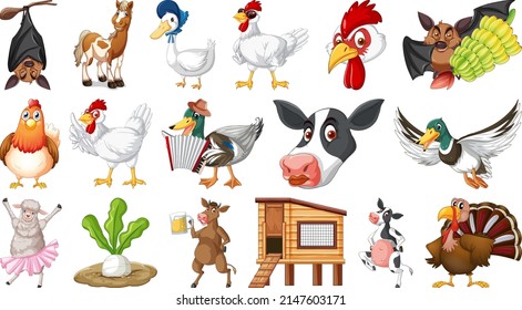 Many farm animals on white background illustration