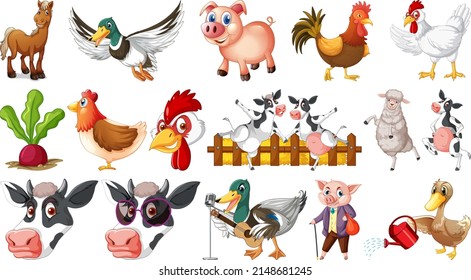 Many farm animals on white background illustration