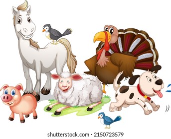 Many farm animals on white background illustration