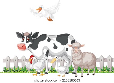 Many farm animals on white background illustration
