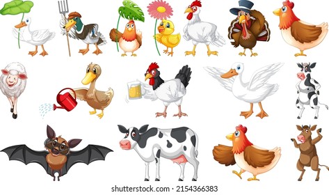 Many farm animals on white background illustration