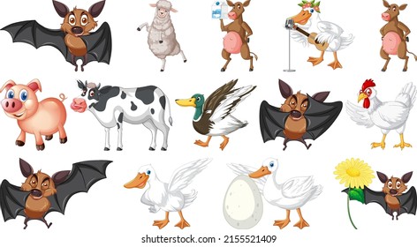 Many farm animals on white background illustration
