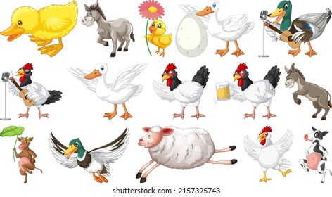 Many farm animals on white background illustration