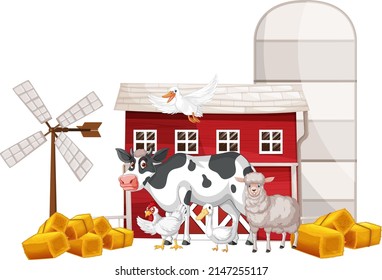 Many farm animals and red barn illustration
