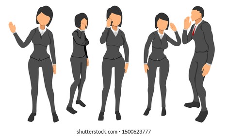 many female characters demonstrate the pose of communication and social relations. set of female characters holding cellphones, waving and listening. eps10 vector