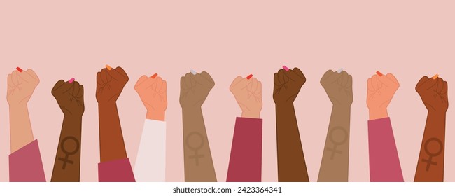 Many female hands with clenched fists on pink background. Intern