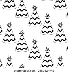 Many festive party hats with black stripes on a white background created for celebration themes