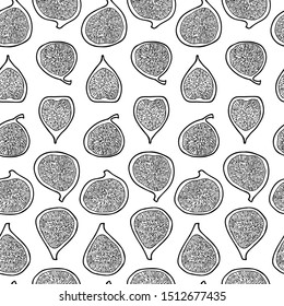 Many figs isolated on white background. Vector seamless pattern. Hand drawn. For food package, wrapping paper, social media posts, printing on fabrics, banners, book recipies cover, menu design.
