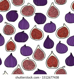 Many figs isolated on white background. Vector seamless pattern. Hand drawn. For food package, wrapping paper, social media posts, printing on fabrics, banners, book recipies cover, menu design.
