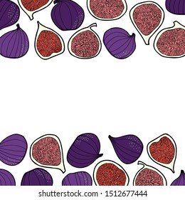 Many figs isolated on white background. Vector frame with space for text. Hand drawn. For package, wrapping paper, social media posts, printing on fabrics, banners, book recipies cover, menu design.
