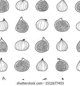 Many figs isolated on white background. Vector seamless pattern. Hand drawn. For food package, wrapping paper, social media posts, printing on fabrics, banners, book recipies cover, menu design.
