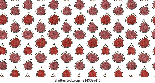 Muchos higos aislados en un fondo blanco. Patrón veloz. Dibujado a mano. Para paquetes de comida, papel de envoltura, publicaciones en medios sociales, impresión de telas, banners, portada de recepciones de libros, diseño de menús.
