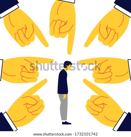 Many fingers pointing at man. Concept of workplace harassment and bullying.