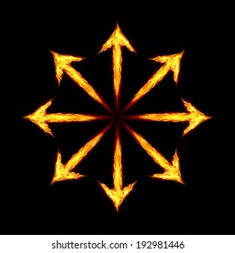 Many fire arrows directed outwards. Illustration on black background 
