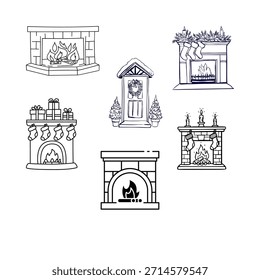 Muchas chimeneas puestas. Llama ardiente en chimeneas de diferente diseño. Chimeneas, hogares cálidos, horno con luz, leña, troncos de madera, rejilla. Ilustraciones vectoriales planas aisladas sobre fondo blanco.