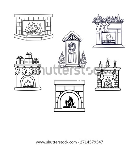 Many fireplaces set. Burning flame in firesides of different design. Fire places, warm hearths, furnace with light, firewood, wood logs, grate. Flat vector illustrations isolated on white background.
