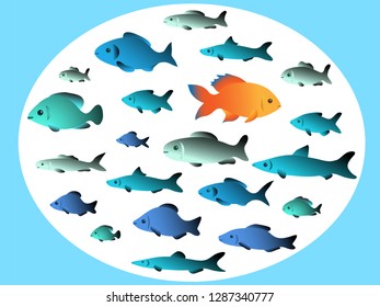 Many fish swim in opposite directions. Vector illustration.