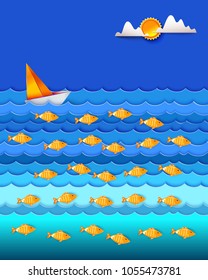 Many fishes in the sea. Sailfish on blue waves. Sun and cloud in sky. Ocean and sea fishing. Eco, nature background. Vector illustration. Paper art cut out style