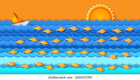 Many fishes in the sea. Sailfish on blue waves. Sun and cloud in day sky. Ocean and sea fishing. Eco, nature background. Vector illustration. Horisontal banner. Paper art cut out style