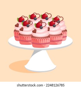 Many flavor cupcakes with berries and red hearts on a white platter, vector Illustration