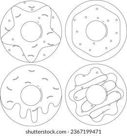 Muchos sabores de las páginas Donuts coloreadas. Ilustración vectorial dibujada en línea. Esbozo de mano libre para la página del libro anti estrés coloreado con doodle